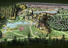 Infografía del aspecto que presentaría el Botánico con el nuevo edificio; al fondo, soterrado en azul.