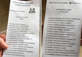 Algunas papeletas llevan impresas la lista de Podemos por una cara y la de Vecinos por Llanes (VxLl) por la otra.