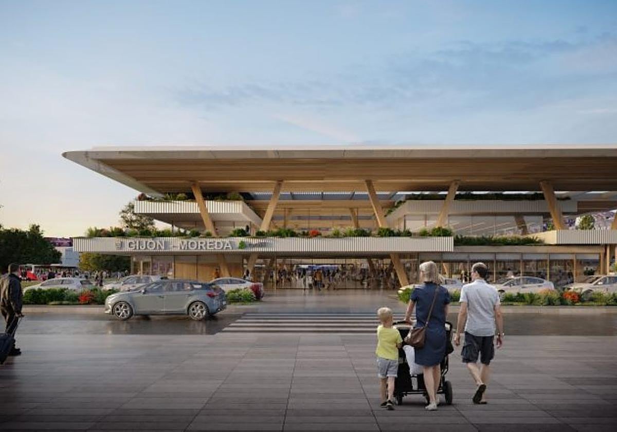 Fachada de la estación intermodal, donde aparece el nombre de Gijón-Moreda, con la reordenación de la avenida de acceso.