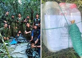Imagen de los niños, recién hallados y de uno de los kits de supervivencia.