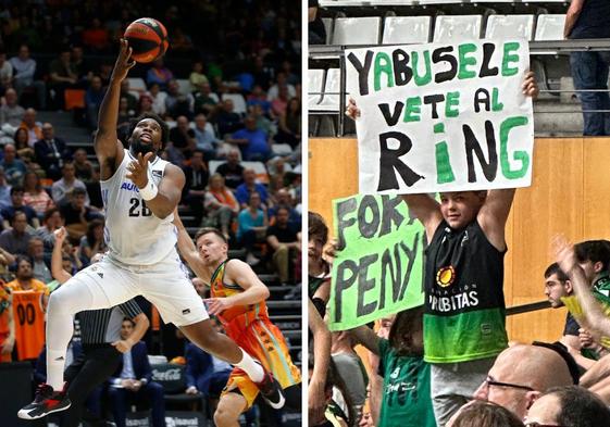 Yabusele y un de las pancartas mostradas ayer en el Palau contra él.