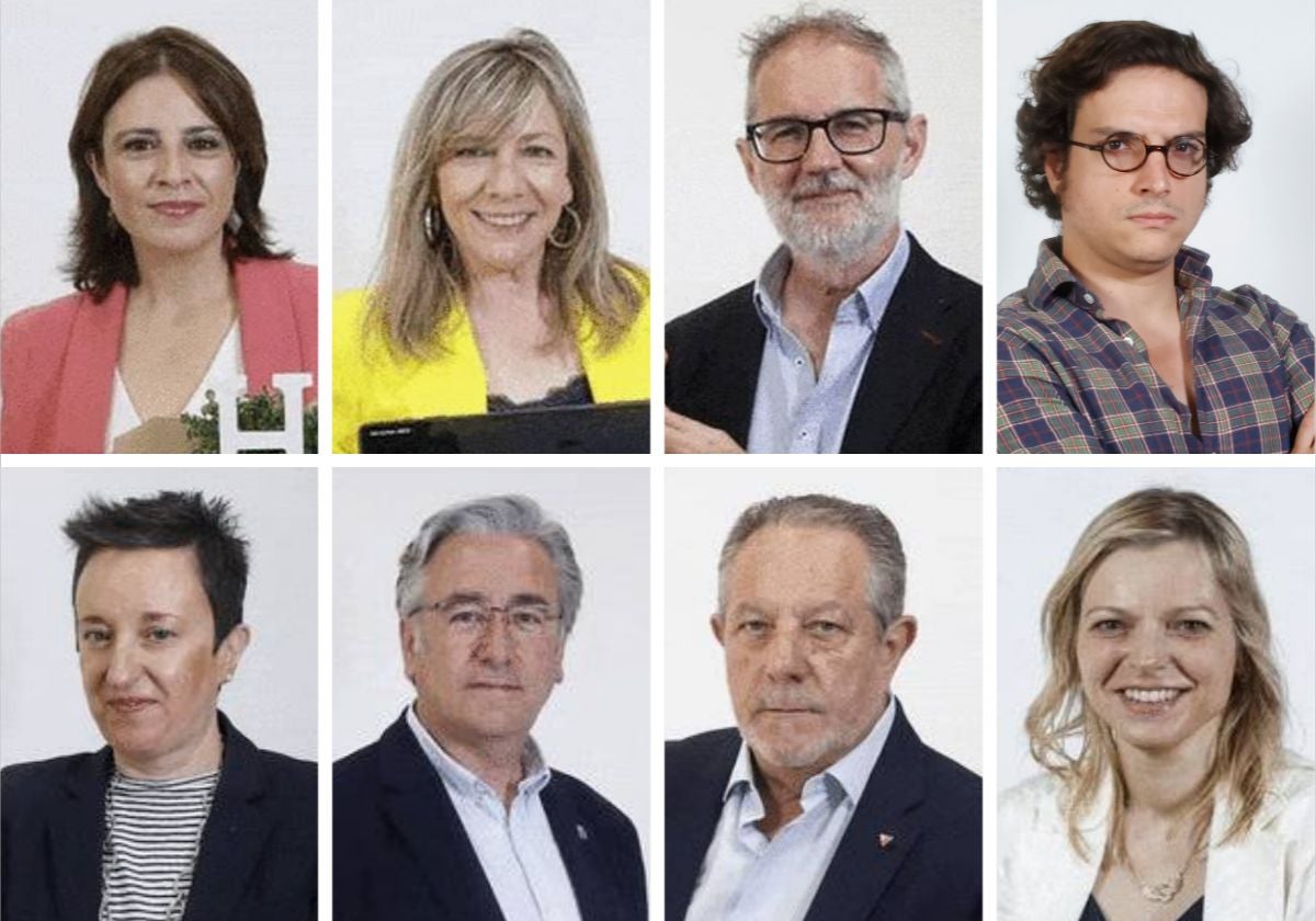 De izquierda a derecha, arriba, los candidatos al Congreso: Adriana Lastra (PSOE), Esther Llamazares (PP), Rafael Cofiño (Sumar) y José María Figaredo (Vox). Abajo, los candidatos al Senado: María Fernández (PSOE), Pablo González (PP), Faustino Sabio (Sumar), y Arancha Martínez Riola (Vox).