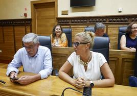 Lara Martínez junto a Luis Manuel Flórez 'Floro' en un pleno del Ayuntamiento de Gijón.