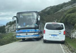 Un autobús del Plan de accceso a los Lagos cruzándose con un taxi en la CO-4 Covadonga-Los Lagos.