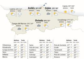 Mapa con la previsión del tiempo en Asturias.