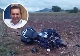 Estado en el que quedó la moto, tras salirse de la carretera en Soria. Arriba, Luis Alba Fernández.