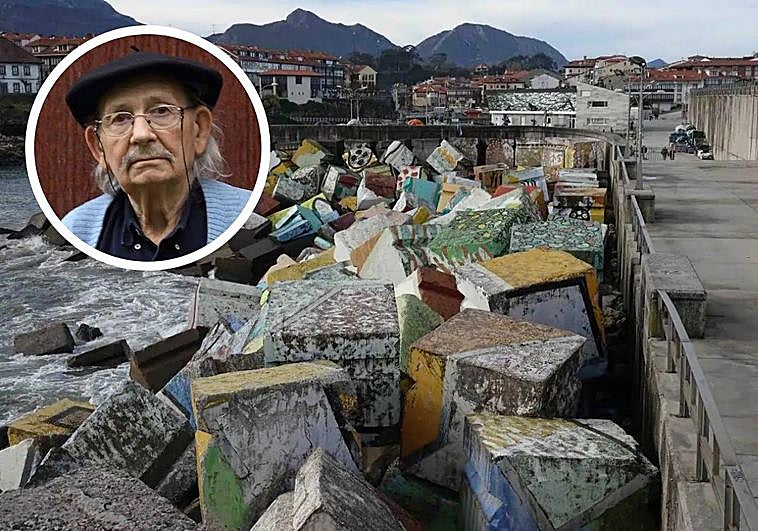 Cubos de la Memoria de Llanes y, en la burbuja, Ibarrola.
