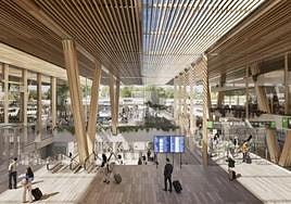 Infografía del vestíbulo interior de la estación intermodal con diferentes andenes.