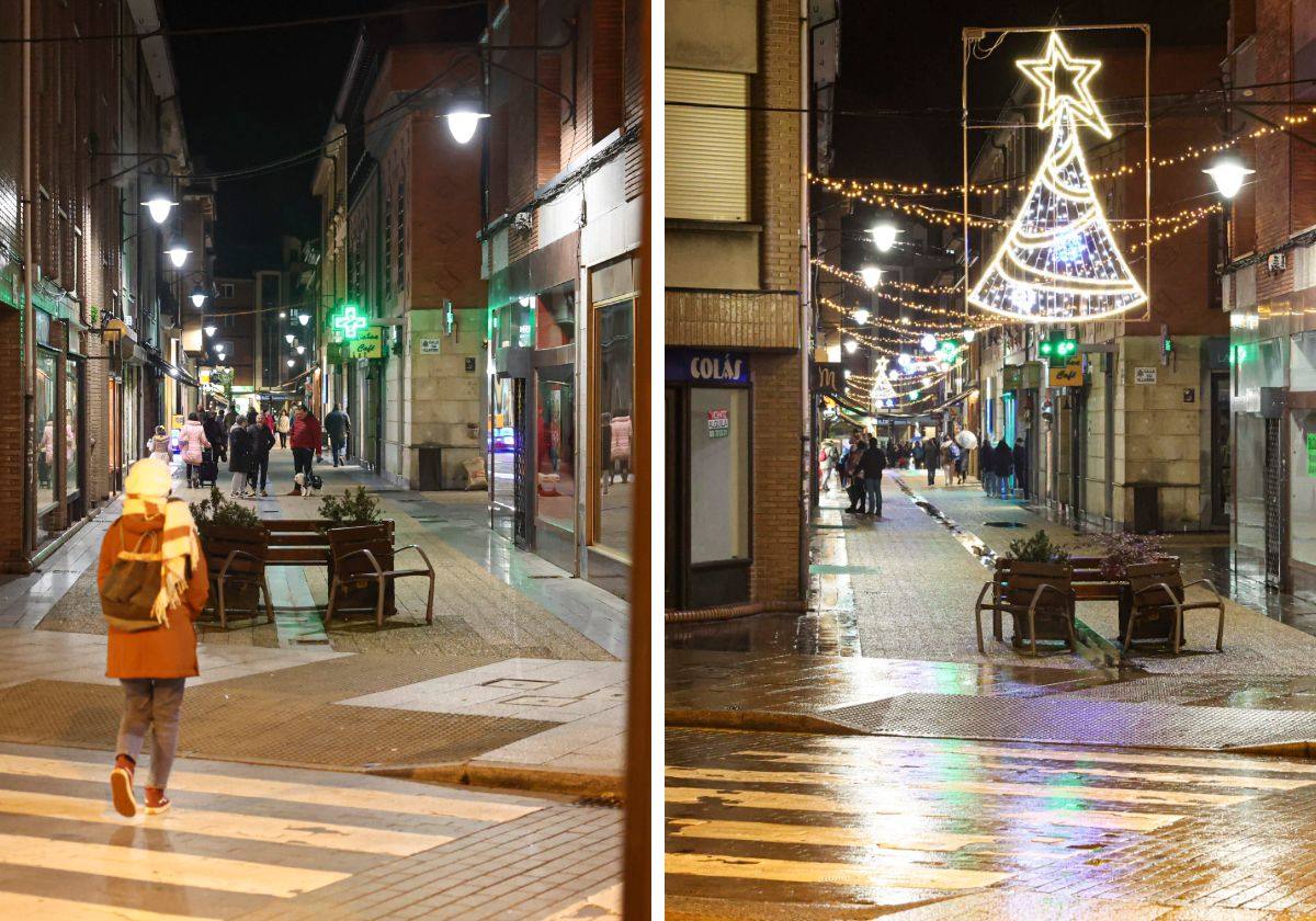 Calle Enrique II. En la foto de la derecha, varios motivos navideños adornaban en 2022 esta zona, que de momento carece de luces, aunque los comerciantes se quieren organizar para colocar luces para estas fiestas.