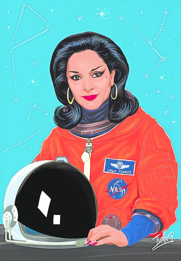  Iván García. El ovetense firma esta ilustración de Lola Flores convertida en astronauta, la primera de su serie 'Pioneras', pero también la ha dibujado como una medusa, «la figura que representaba lo salvaje, lo que iba más allá del orden establecido, de lo masculino. Eso era Lola y, por eso, yo la aplaudo». e. c.