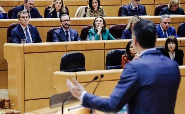 Sánchez se dirige a Feijóo durante su intervención en el Senado