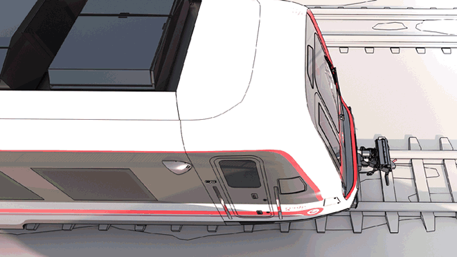 Interior. El boceto inicial con el que trabajó la empresa adjudicataria preveía vehículos con espacio para bicicletas y capacidad para hasta 243 pasajeros. 