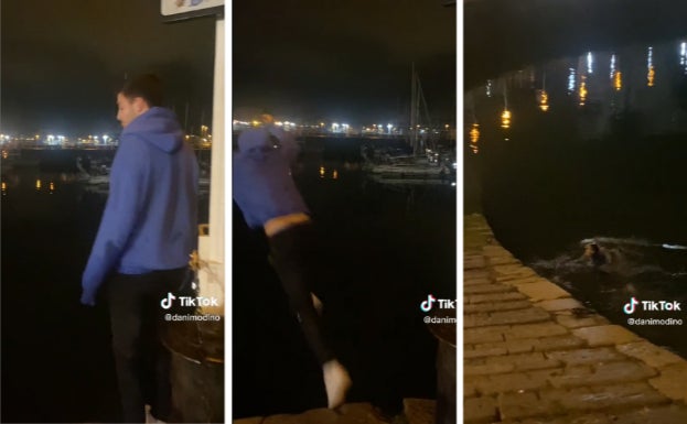 Secuencia del vídeo en el que un jóven se tira al puerto deportivo de Gijón. 
