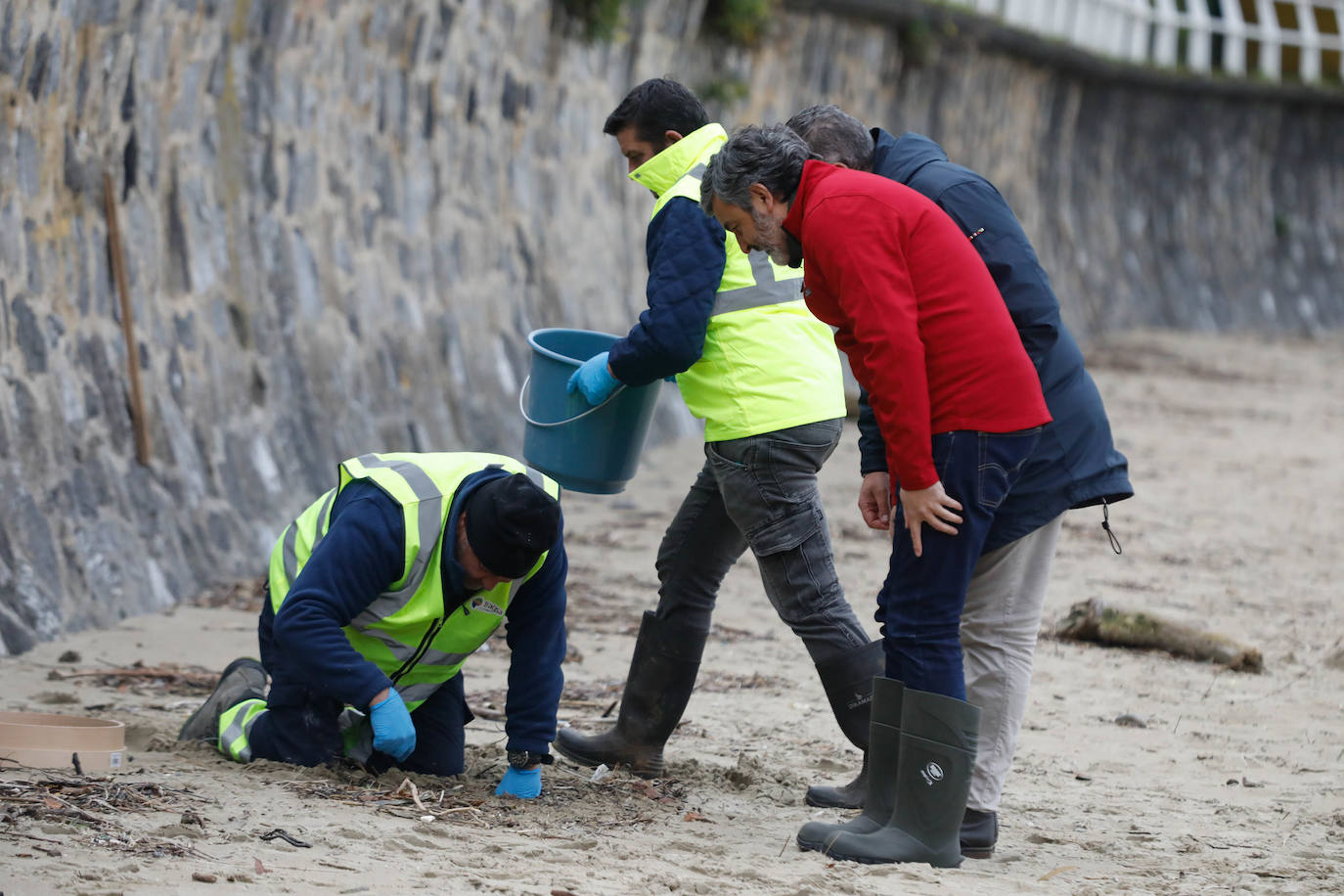 Operarios retiran los pellets o bolitas para fabricar plástico que aparecen en las playas de Asturias, tras la caída de un contenedor de un barco el pasado diciembre, esta mañana en la playa asturiana del Aguilar.