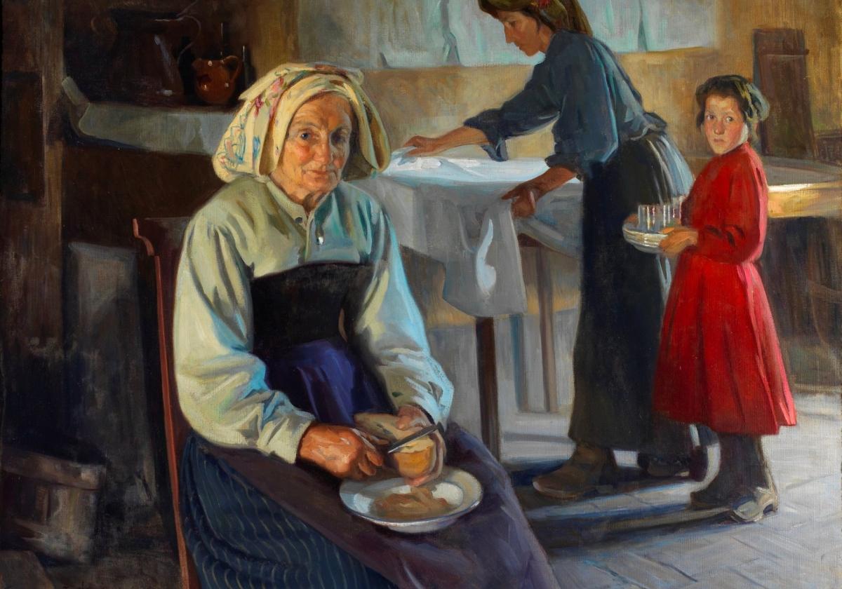 'Anciana cortando sopas de pan', cuadro de José Nogué Massó.