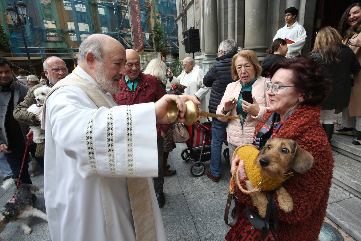 Francisco Javier Suárez bendice a 'Watson', en el cuello de Rosa Pereiro, durante el acto con motivo de la festividad de San Antón a las puertas de la basílica.