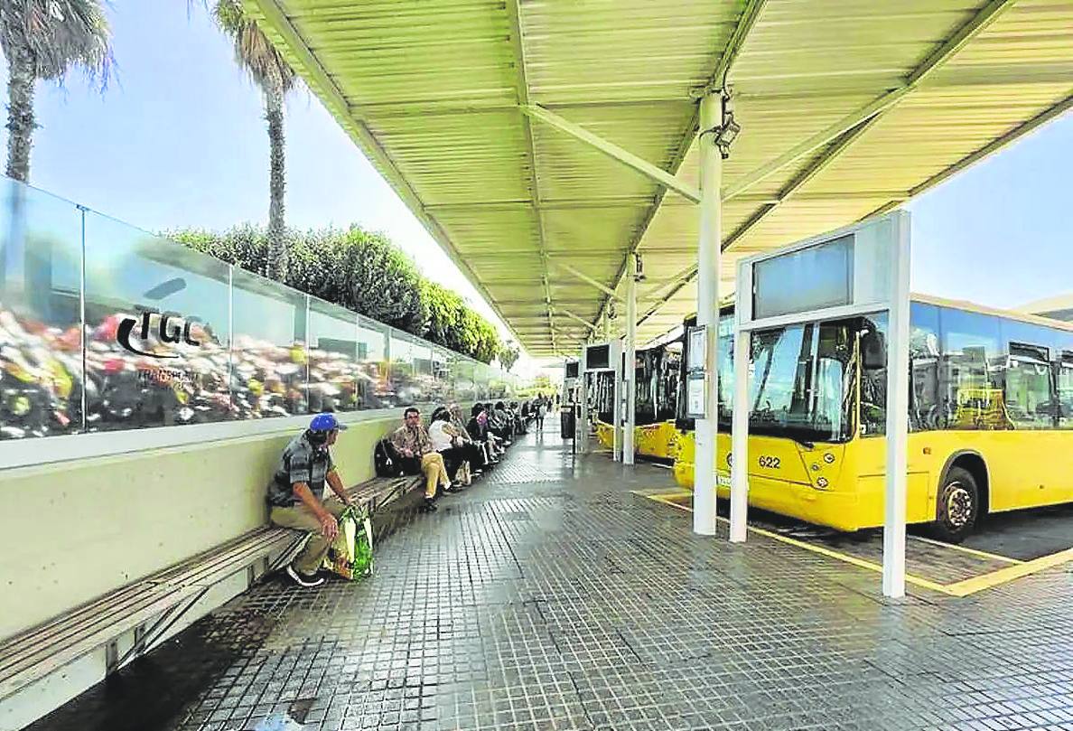 Autobuses del Grupo 1844, con implantación en todo el archipiélago canario, en las paradas de una estación.