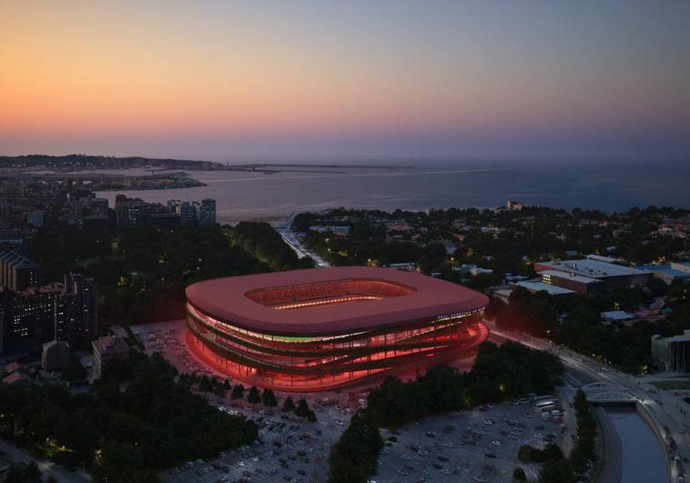 Recreación de cómo se vería la tribuna Este de El Molinón reformado desde el otro lado del río Piles, desde la zona del Palacio de Deportes, donde se aprecia también que se respeterá el actual aparcamiento de vehículos del estadio.