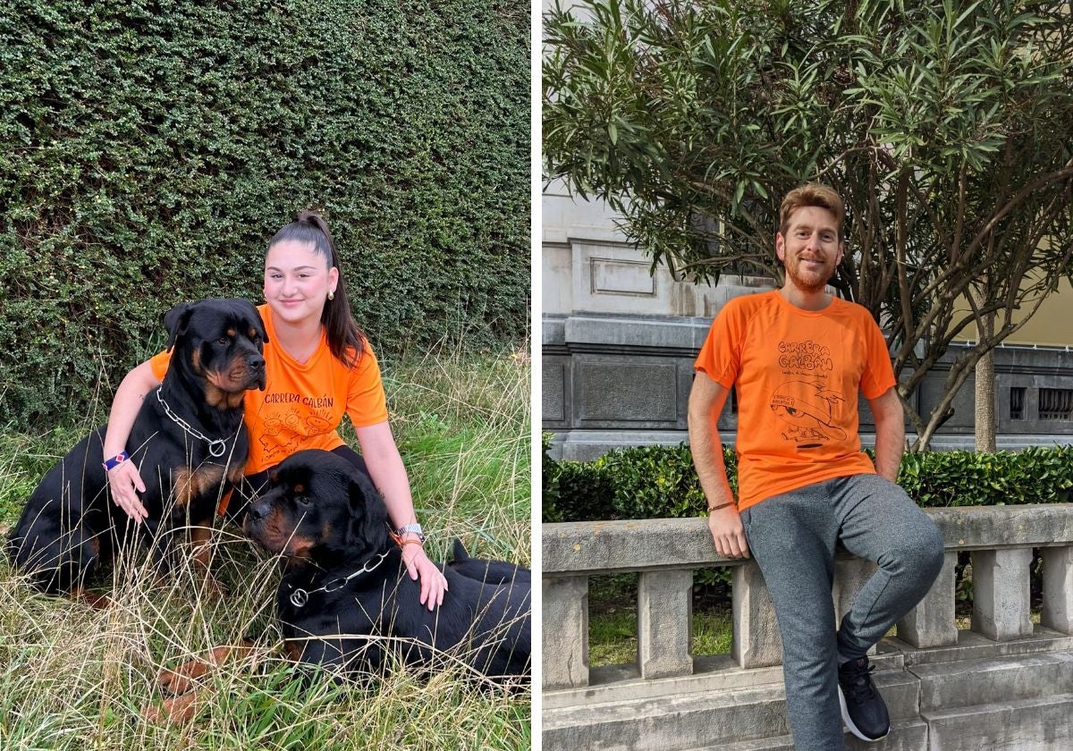 Aleida Fernández, con la camiseta naranja de Galbán, posa en su casa de Cornellana junto a sus perros Noa y Jagger.