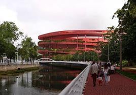 Vista de la recreación de El Molinón según el proyecto de reforma del Sporting, desde el 'Kilometrín'.