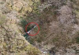En el círculo, el afectado visto desde el helicóptero de los Bomberos de Asturias.