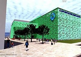 Fachada con los círculos que simulan las burbujas de la estela que deja un nadador.