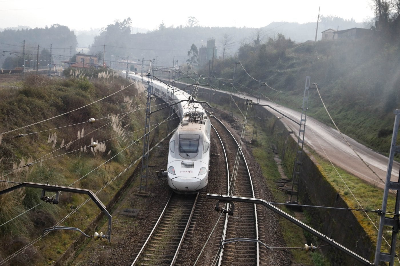 Un tren Alvia, a su paso por la curva de Villabona.