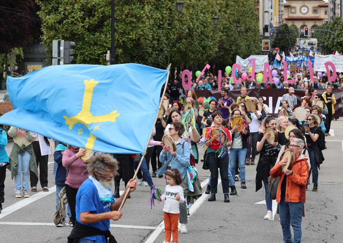 Los manifestantes, a su paso por la calle Uría.