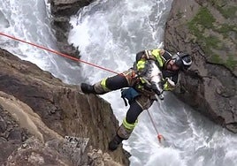 El bombero, durante el operativo de rescate de la perrita.