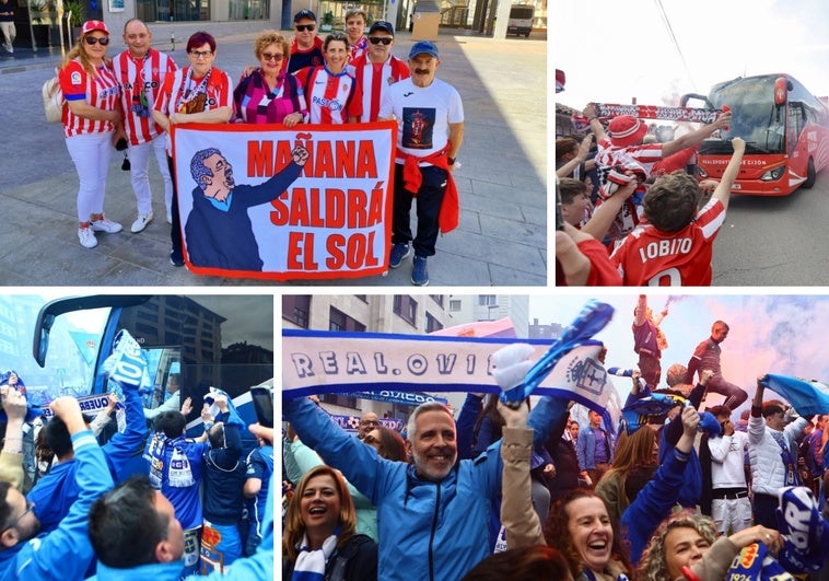 Aficionados rojiblancos y carbayones animan a sus equipos antes de la última jornada.