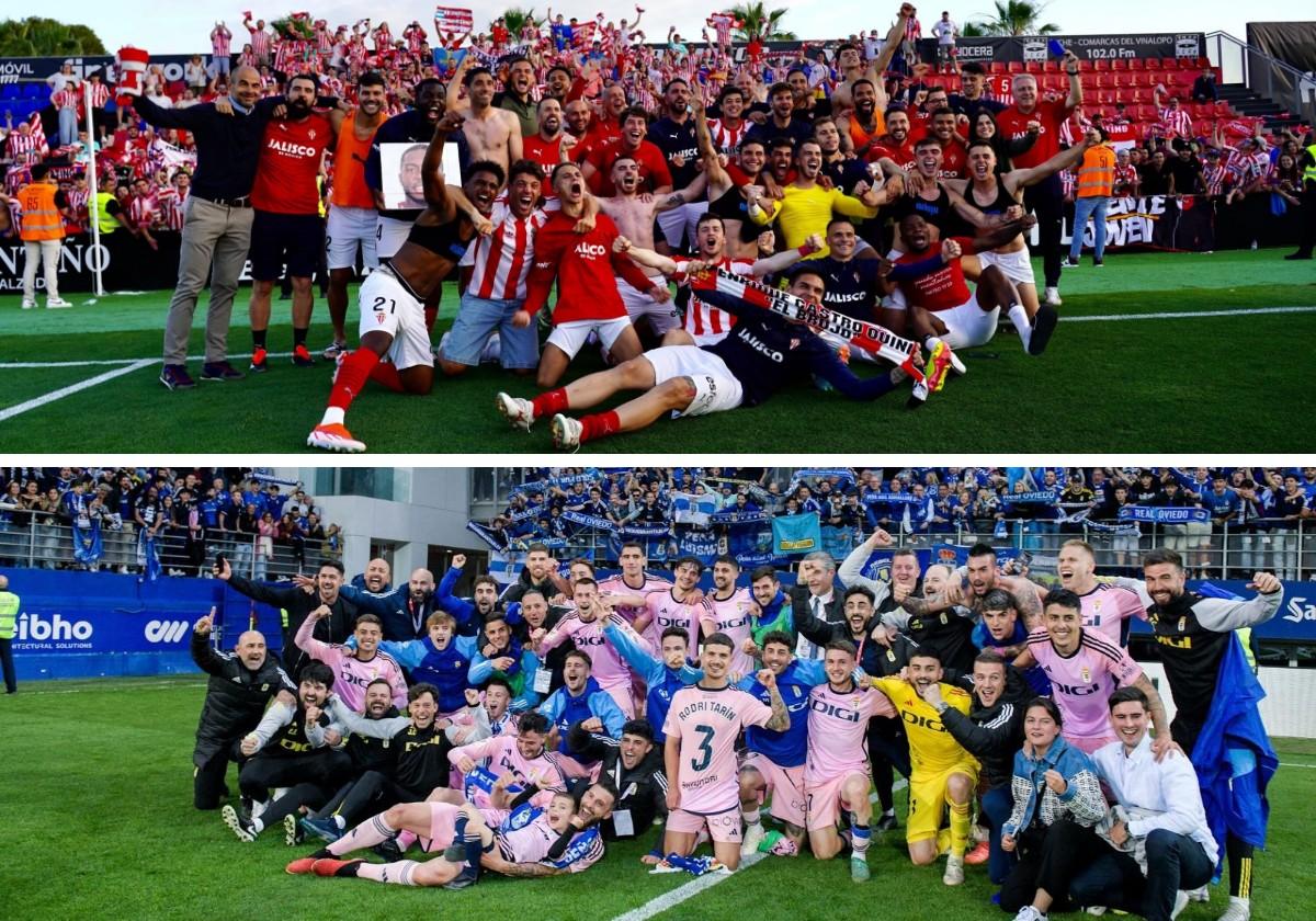 Los jugadores del Sporting celebran la victoria junto a La Mareona. También ayer la plantilla del Real Oviedo, junto a su afición, en Ipurúa.