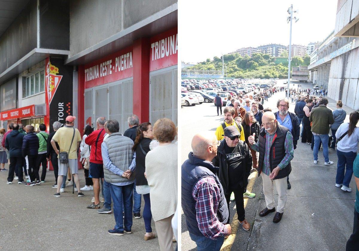 Aficionados del Sporting y del Oviedo hacen cola esta mañana para adquirir entradas para los partidos de 'play off'.