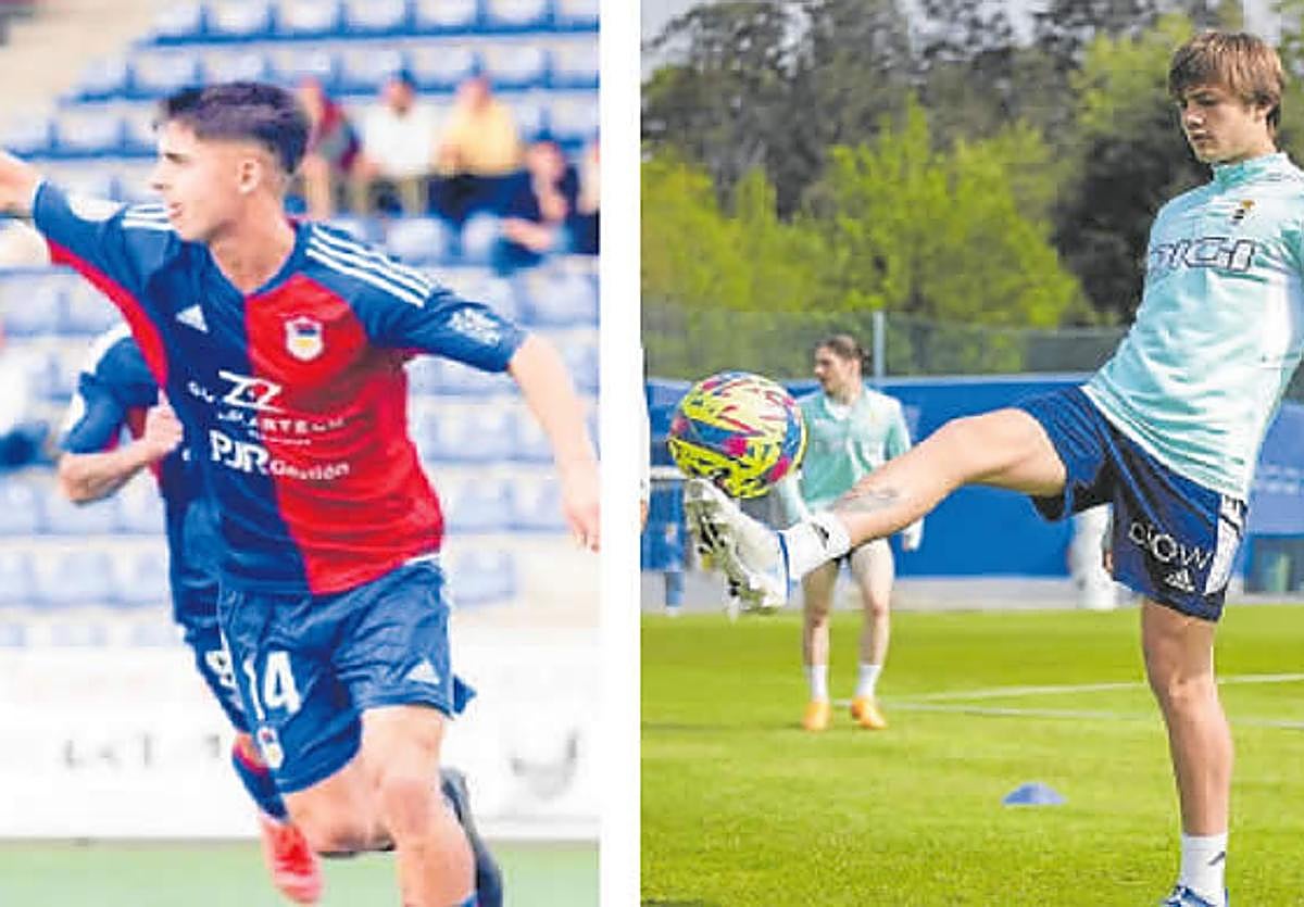 Iago Novo, la pasada temporada en Langreo y Yayo González, en un entrenamiento del Vetusta