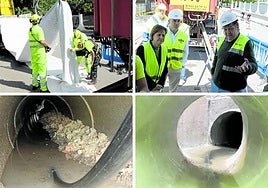 Arriba a la izquierda, operarios metiendo las mangas para impermeabilizar las tuberías. A su lado, Carmen Moriyón, Jesús Martínez Salvador y Vidal Gago reciben explicaciones de los trabajos. Abajo, el antes y el después del colector que cruza el Piles a la altura del recinto ferial.