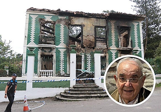 Un agente custodia 'Villa Leónides', con el interior arrasado por el incendio que le costó la vida a Miguel Suárez.