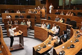 Elena Borches, en la tribuna de oradores junto con los visitantes convertidos en diputados.