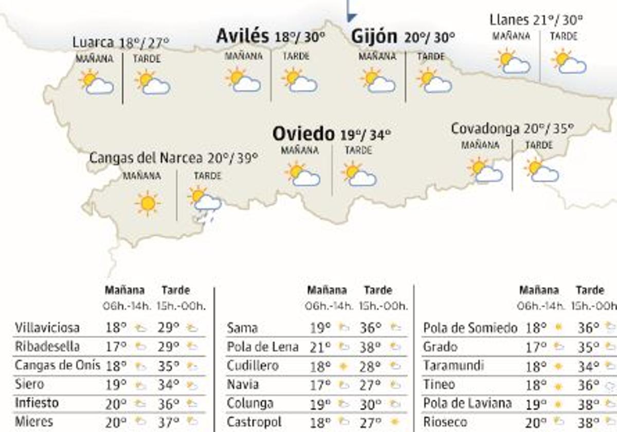 Mapa del tiempo en Asturias.