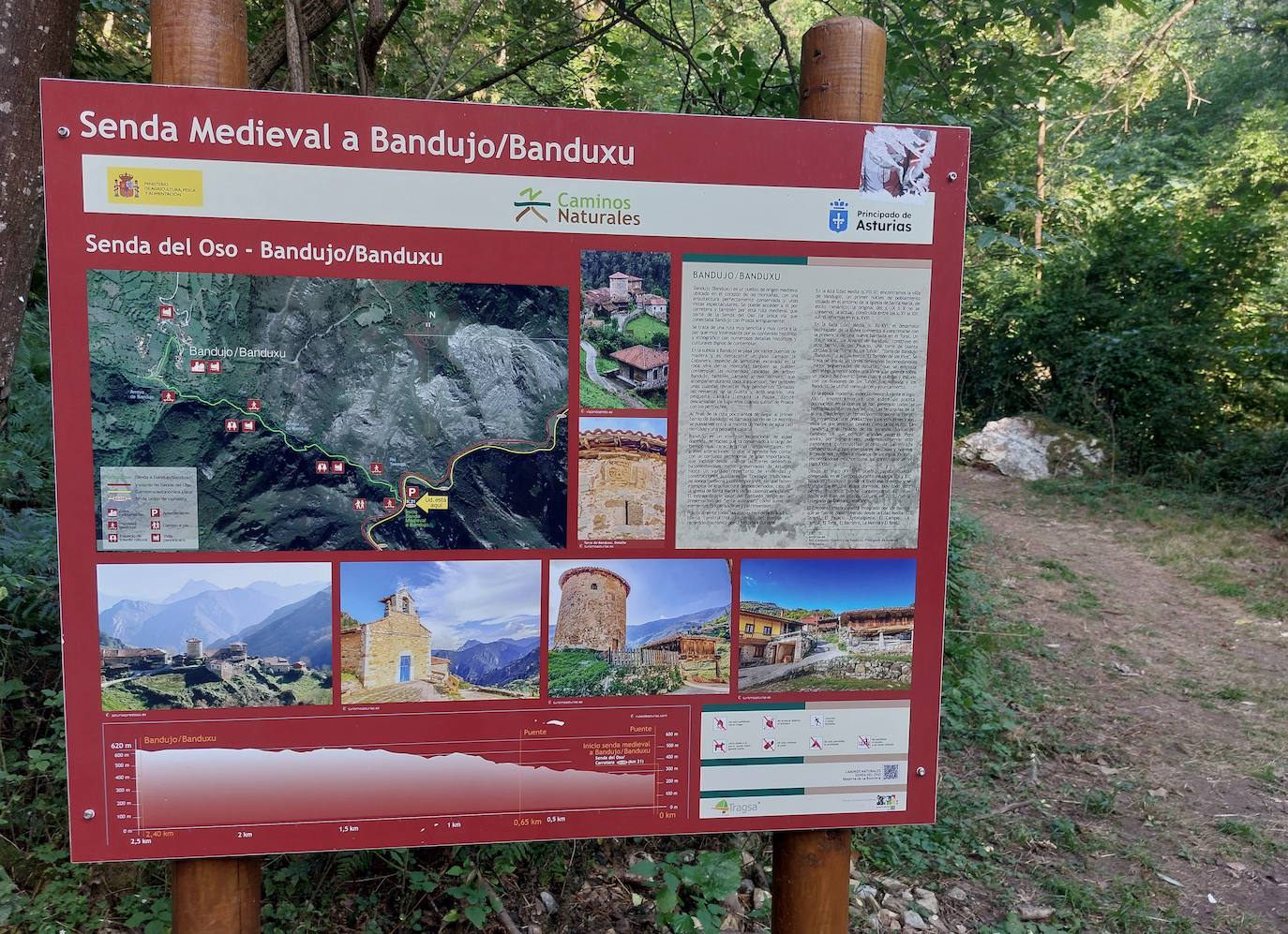 Cartel en la senda del Oso que indica cómo llegar a Banduxu por la senda medieval