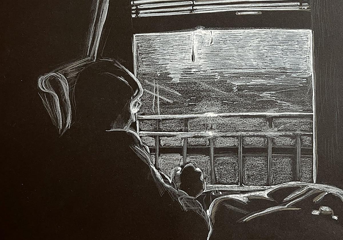 'Madre cosiendo', uno de los dibujos que se pueden ver en esta exposición de Alicia Jiménez.