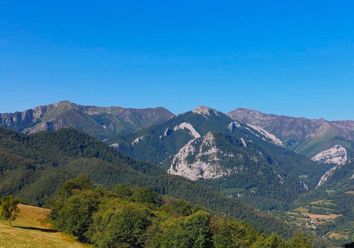 Imagen principal - Vistas al Retriñón/ Peña La Conyonada emergiendo en el horizonte de la caminata/ vistas hacia la Felguerina, encalavada entre bosques 