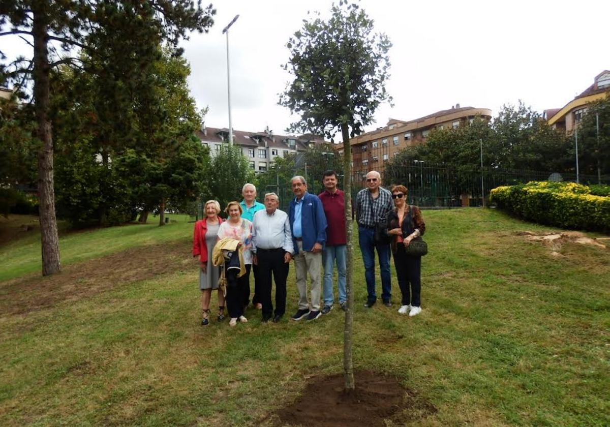 Miembros de Langreanos en el Mundo, ayer, con la encina ya plantada.