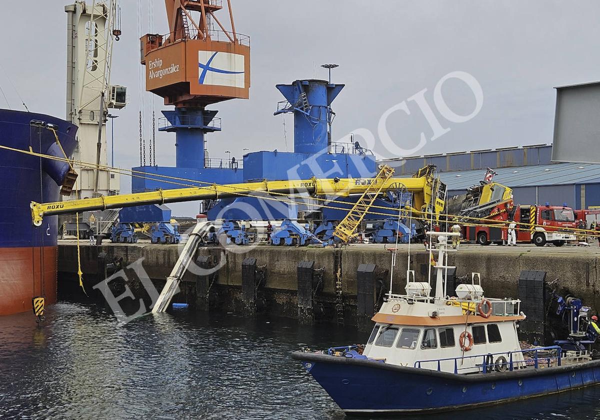 Grave accidente en Gijón: mueren dos hombres en El Musel tras caer al mar dos grúas