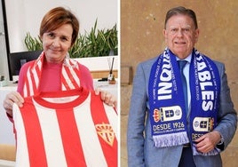 Carmen Moriyón, con una camiseta del Sporting, y Alfredo Canteli, con una bufanda del Oviedo.