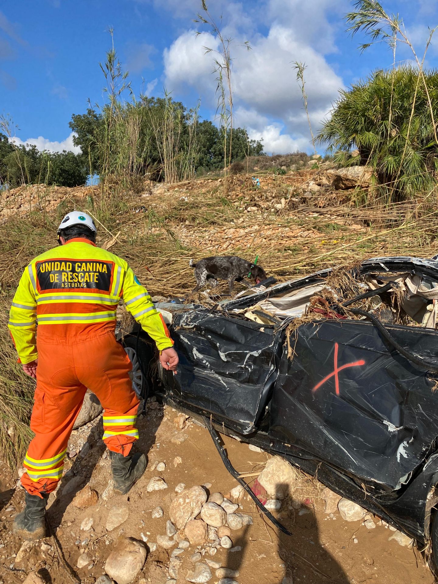 Wenceslao Fernández, Pelayo Fernández y Anja, una perra adiestrada para localizar cadáveres que «es una crack», pertenecen a la Unidad Canina de Rescate del Principado de Asturias. Llevan varios días rastreando el Barranco del Poyo, como parte de los trabajos de búsqueda de las personas que aún permanecen desaparecidas. En algunos tramos, el caudal llegó a desbordarse de tal manera que dejó un surco de 200 metros de orilla a orilla. 