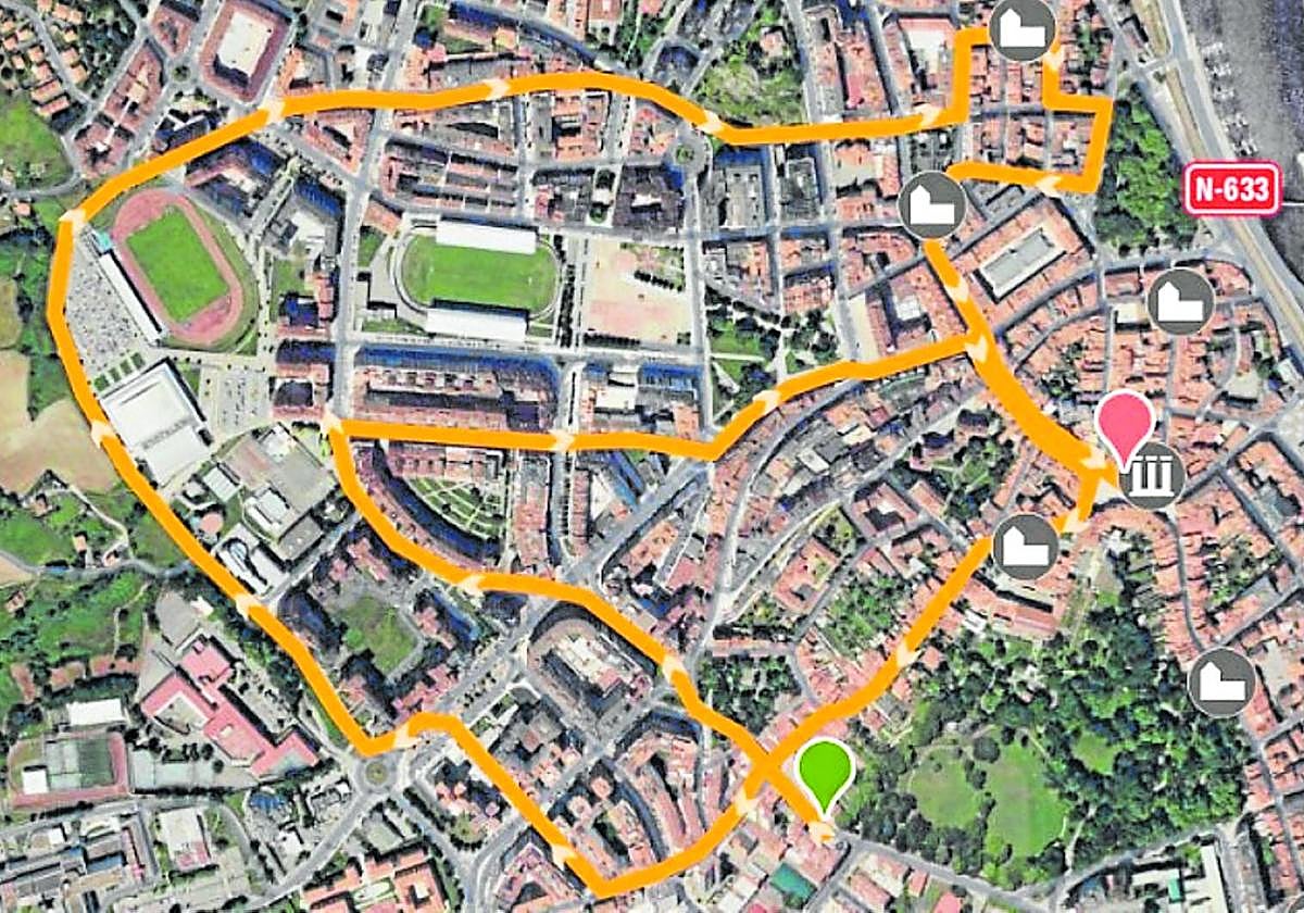 Recorrido de la San Silvestre de Avilés, con salida de la avenida de Cervantes (marcada en verde), y llegada a la plaza de España (en rojo).