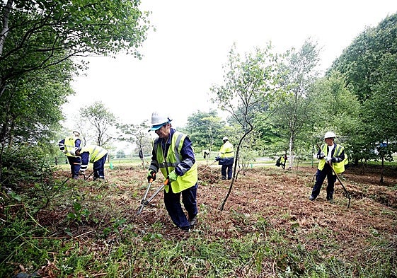 Trabajadores del plan de empleo limpiando el Naranco en 2023.