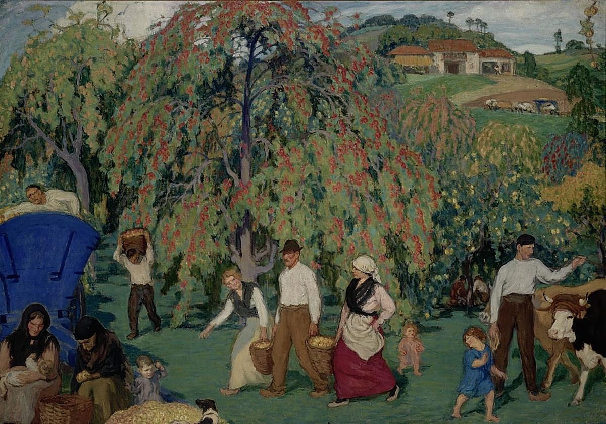 Imagen principal - 'Recogiendo la manzana', de Nicanor Piñole, un óleo sobre lienzo de 1922 del Museo de Bellas Artes.; 'Demetrio el guapo', obra de Valle que se halla en el Bellas Artes.; 'Humorada', de Evaristo Valle, obra del año 1942.