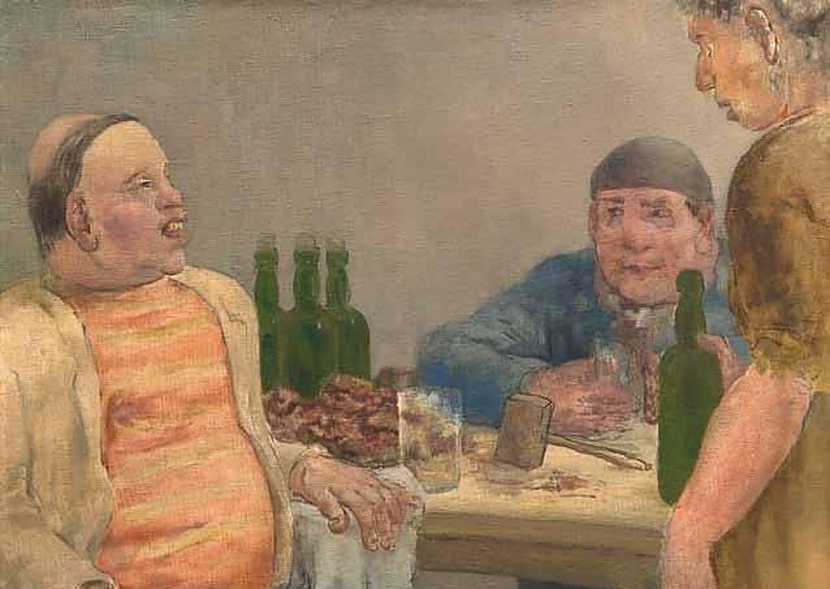 Imagen secundaria 1 - 'Recogiendo la manzana', de Nicanor Piñole, un óleo sobre lienzo de 1922 del Museo de Bellas Artes.; 'Demetrio el guapo', obra de Valle que se halla en el Bellas Artes.; 'Humorada', de Evaristo Valle, obra del año 1942.