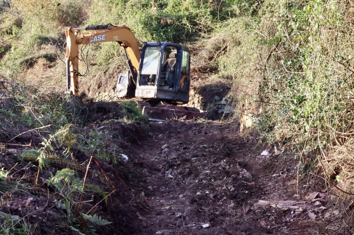La pala de la empresa maderera, en el tramo destrozado.