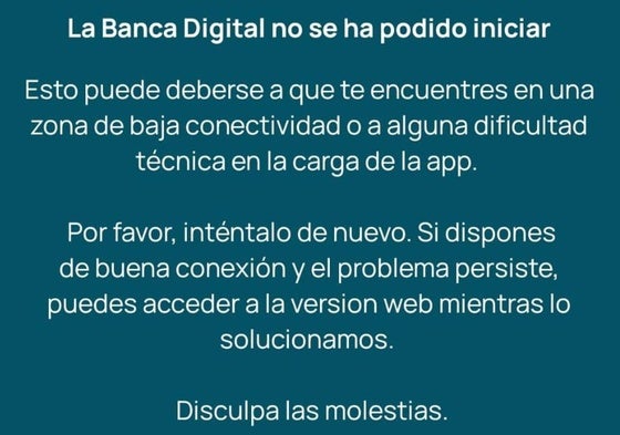 El mensaje que aparece al intentar acceder a la aplicación de Unicaja Banco.